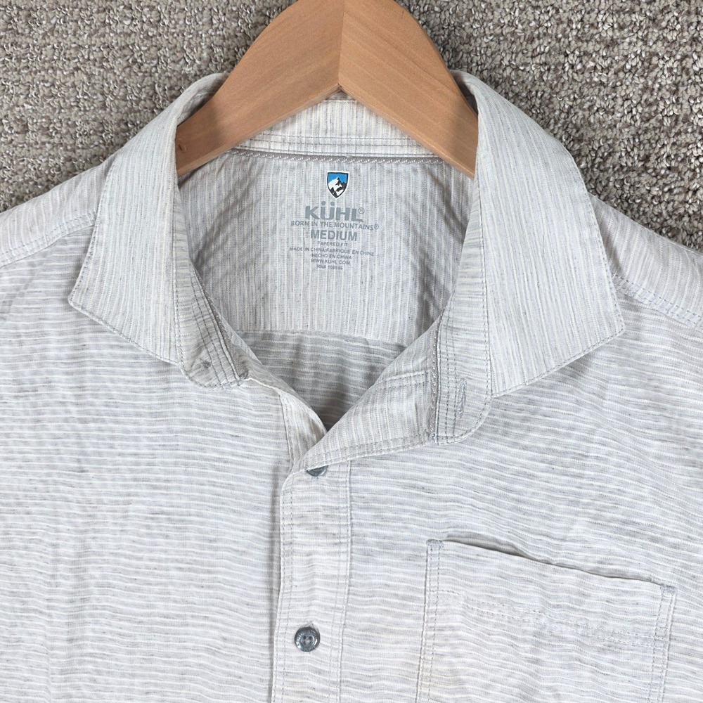 Kuhl Mens Riveara Tapered Fit Short Sleeve Button Down Shirt Gray Striped Medium - Picture 2 of 7